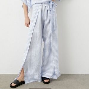 Striped Linen Deep Slit Wide-Leg Pants Size S